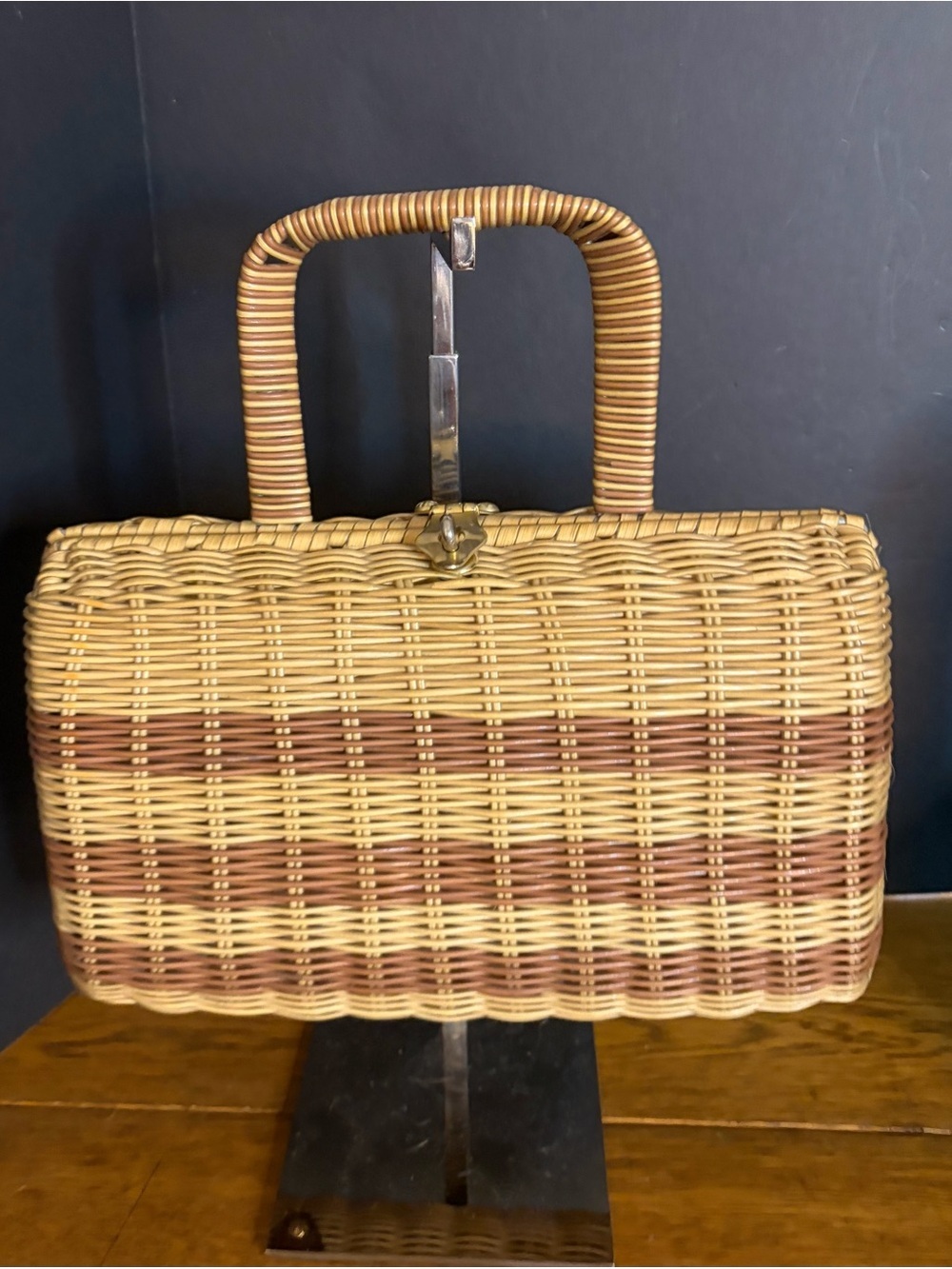 VTG 50s 60s Frederick & Nelson Striped Wicker Box Handbag Purse Hong Kong